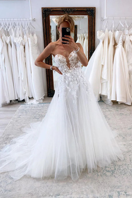Fashion Ball Gown Sweetheart Off-the-Shoulder Tulle Wedding Dresses with Appliques