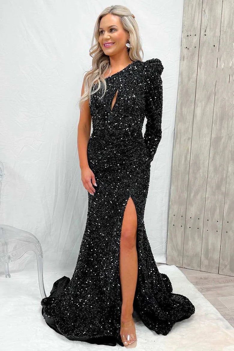 Sequin One-Sleeve Mermaid Long Prom Dress with Slit