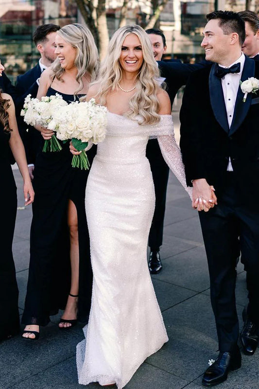Sparkly Mermaid Off the Shoulder Long Sleeves Sequins Wedding Dresses
