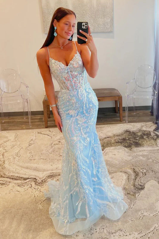 Cute Mermaid V Neck Spaghetti Strap Light Blue Sequins Long Prom Dresses with Slit