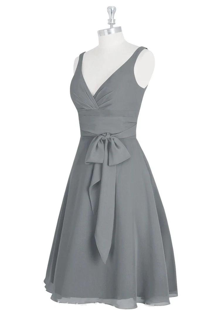 Grey V-Neck Tie-Front Sleeveless A-Line Short Bridesmaid Dress