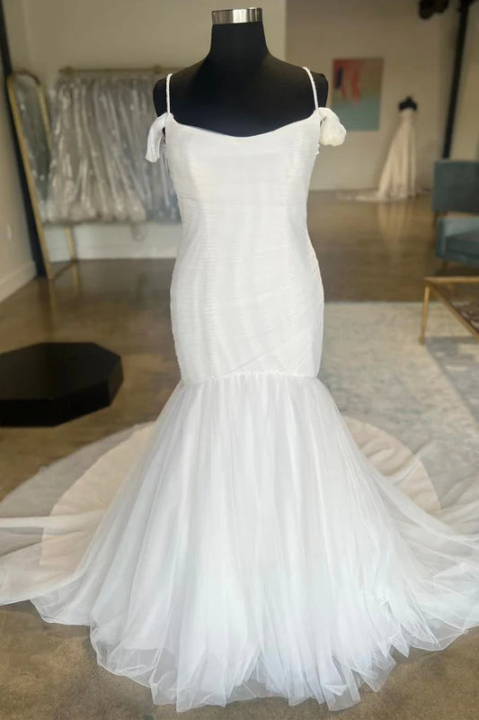 White Cold-Shoulder Wrap The Buttocks Trumpet Mopping The Floor Long Bridal Gown ﻿