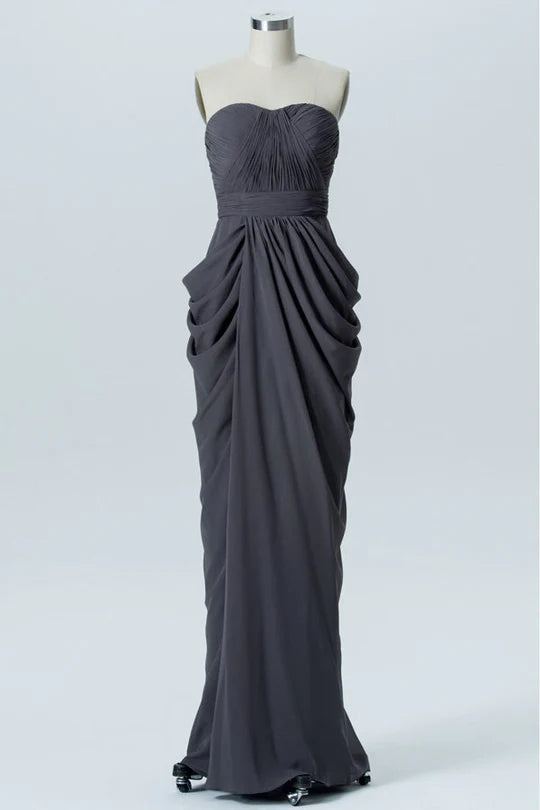 Charcoal Grey Chiffon Strapless Off-the-Shoulder Sheath Long Bridesmaid Dress