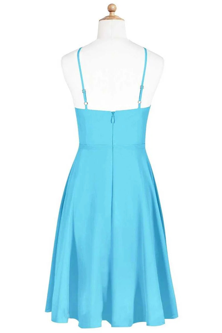 Pool Blue Cute Halter Spaghetti Straps  Sleeveless Short Bridesmaid Dress