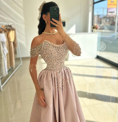 Sweep/Brush Train Evening Gown Off the shoulder Beading/Sequins Embroidery Long Prom Dress