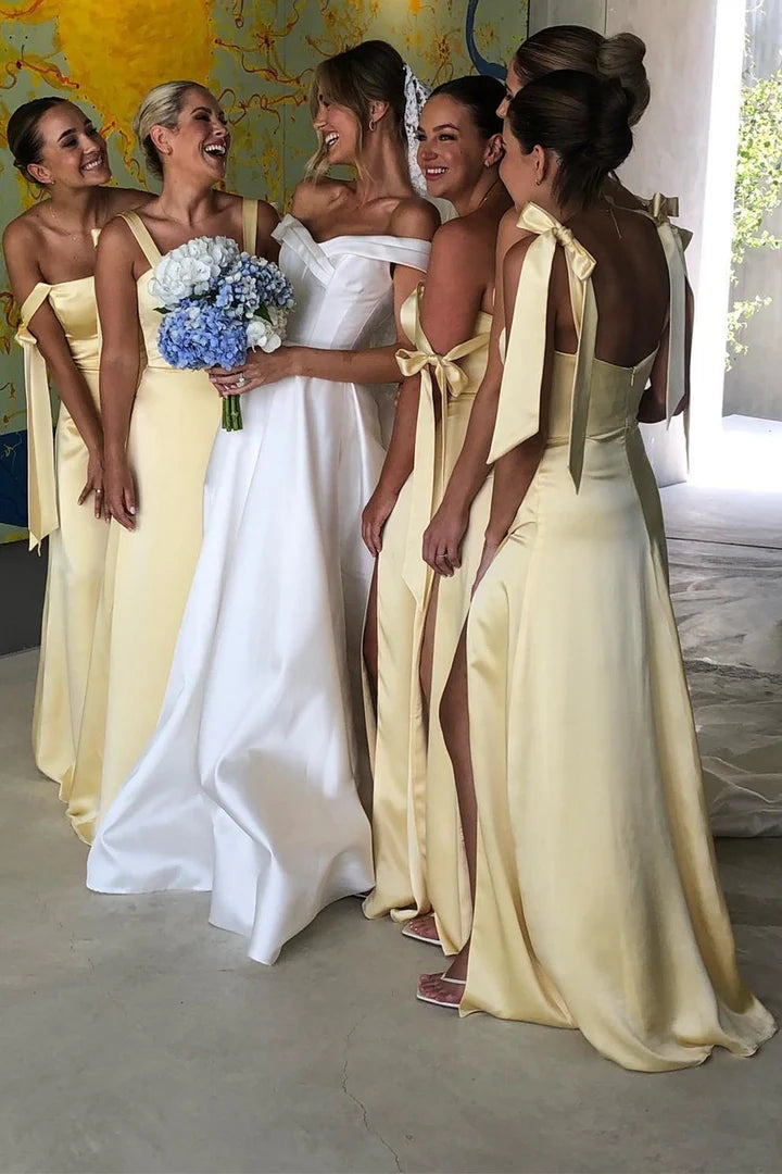 Light Yellow Straps A-Line Satin Sleeveless Bridesmaid Dress with Slit