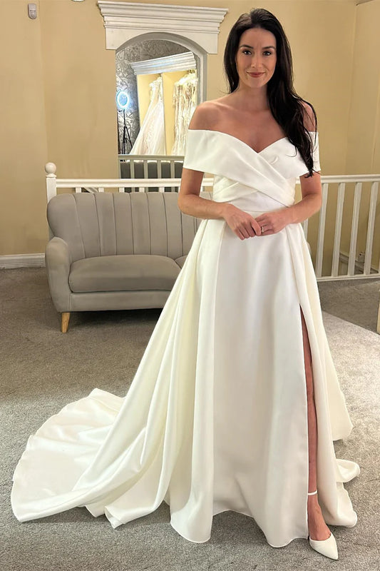 White Satin Off-the-Shoulder Mopping The Floor Long Bridal Gown with Slit
