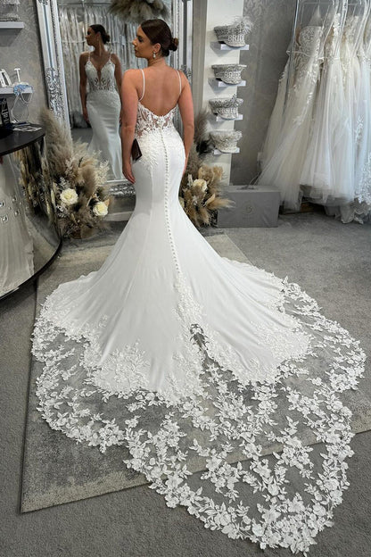 Elegant Mermaid V Neck Spaghetti Strap Satin Long Wedding Dresses with Appliques