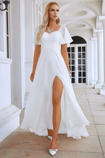 Chiffon Tie-Back A-Line Long Dress with Flutter Sleeves