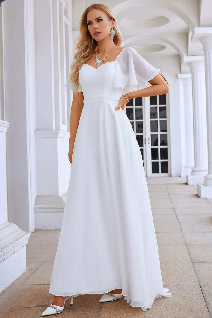 Chiffon Tie-Back A-Line Long Dress with Flutter Sleeves