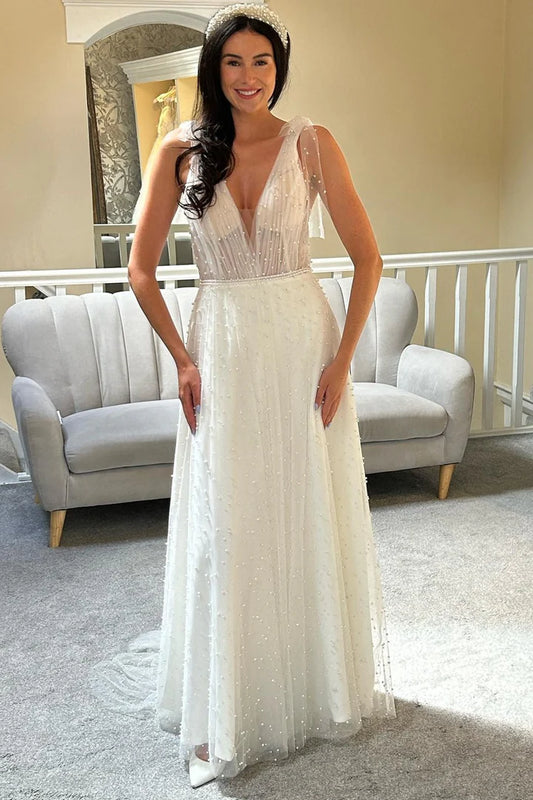 White Plunge V Tulle Pearls Bow Strap Backless A-Line Mopping The Floor Bridal Gown