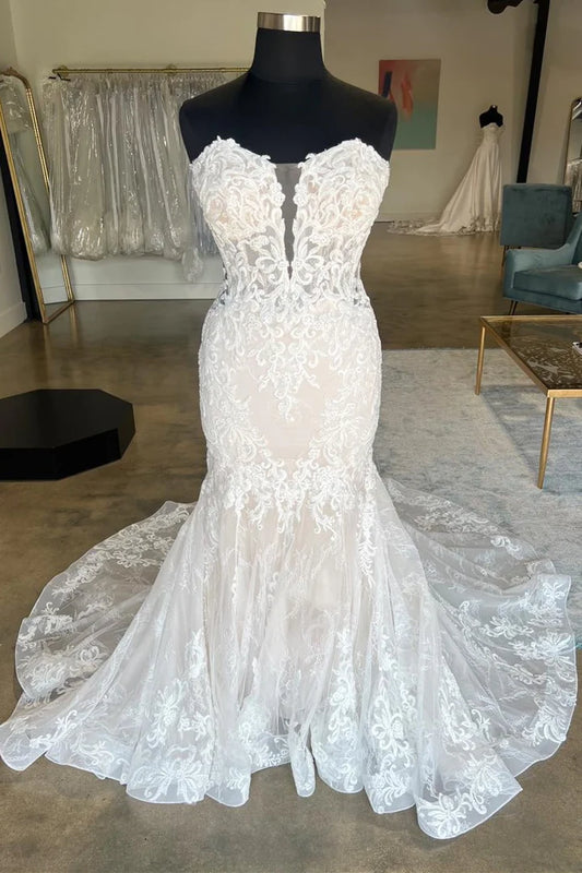 Ivory Plunge V Strapless Back Buckle Off-the-Shoulder Floral Lace Trumpet Long Bridal Gown