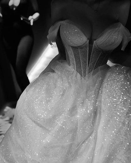 Glitter A Line Off the Shoulder V-Neck Sequins Tulle Wedding Dresses