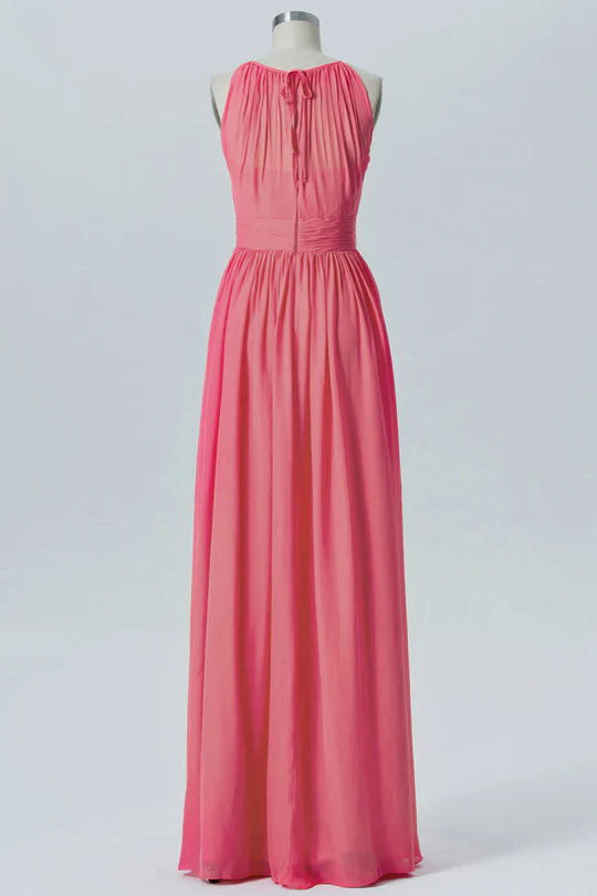 Coral Pink Chiffon Halter Round neck Sleeveless Bridesmaid Dress