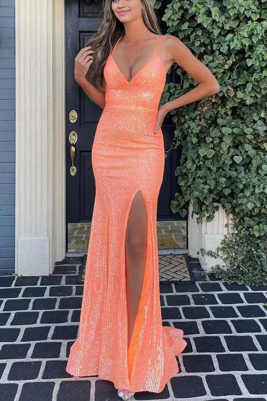 Charming Mermaid Sweetheart V-Neck Orange Sequins Lace-Up Back Prom Dresses with Slit