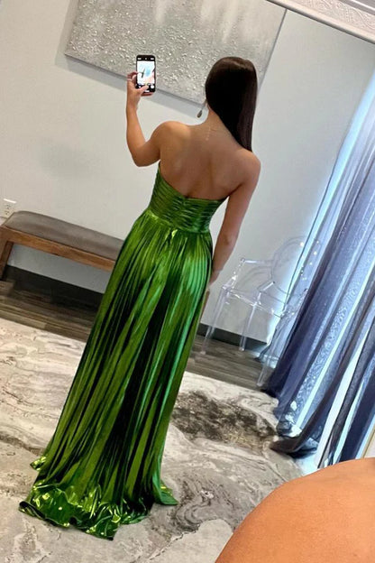 Cute Sheath Sweetheart Off-the-Shoulder Sparkly Green Satin Long Prom Dress with Slit