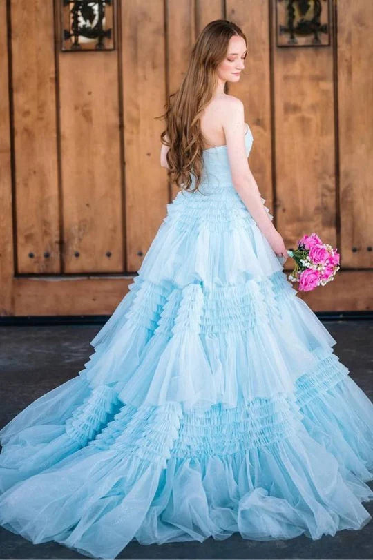 Strapless A-Line Tiered Tulle Prom Dress with Slit