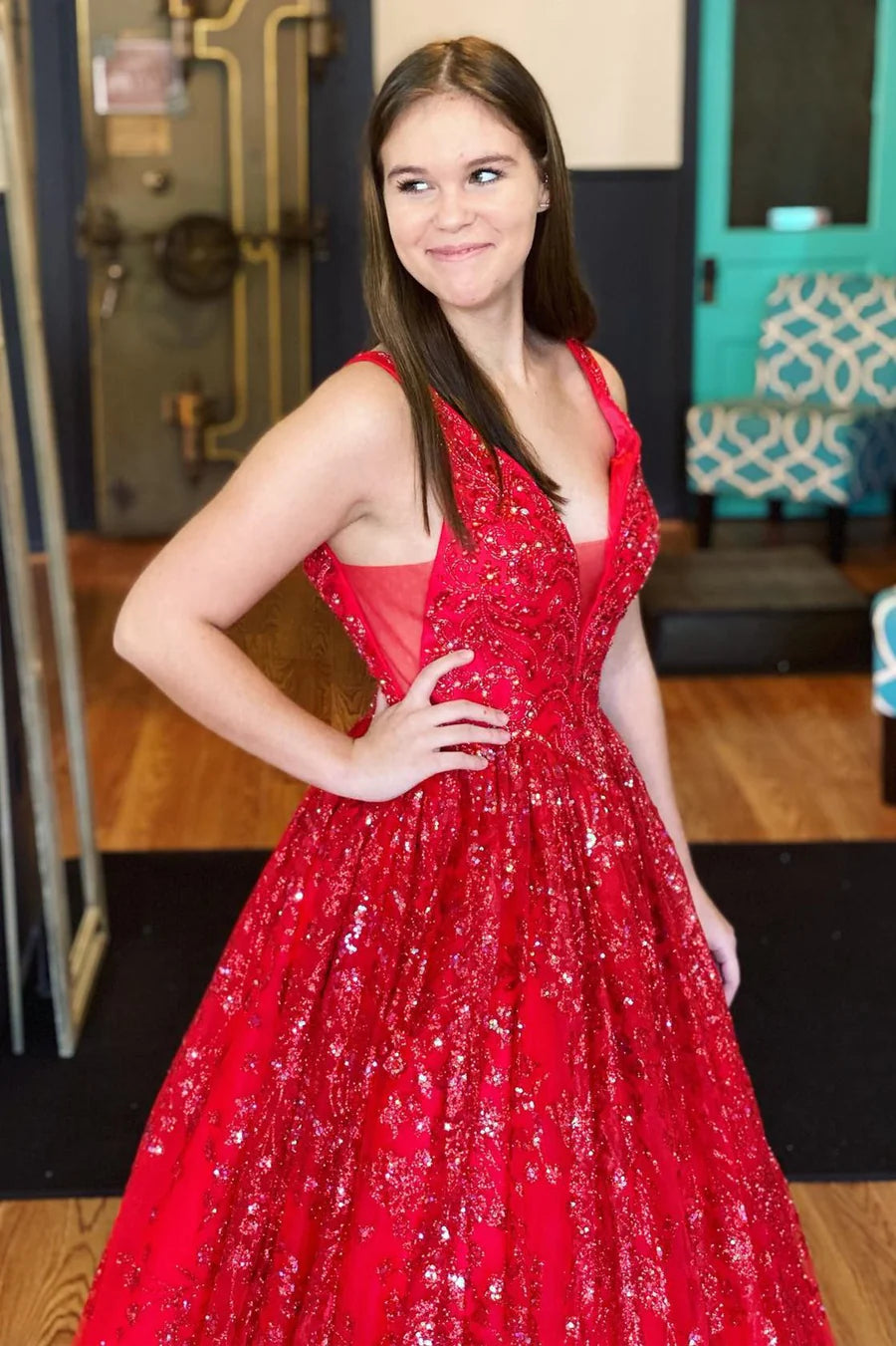 Beaded Plunge V Backless A-Line Prom Gown