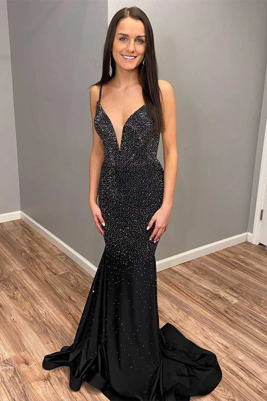 Beaded V-Neck Backless Mermaid Long Prom Dress
