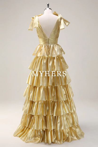 Formal Wear Dresses A-Line Deep V-Neck Pleated layered Backless Long Elegant Prom Dress