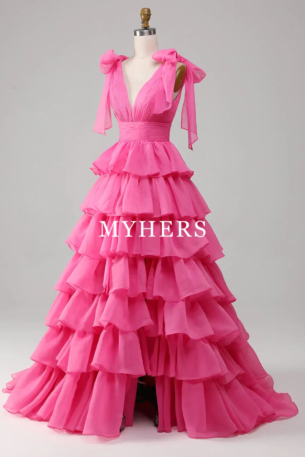 Formal Wear Dresses A-Line Deep V-Neck Pleated layered Backless Long Elegant Prom Dress