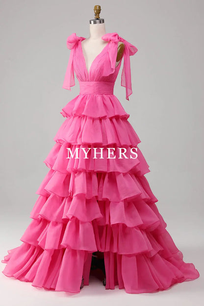Formal Wear Dresses A-Line Deep V-Neck Pleated layered Backless Long Elegant Prom Dress