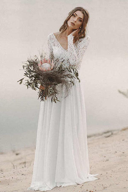 Simple V Neck Open Back Long Sleeves Lace Beach Wedding Dresses