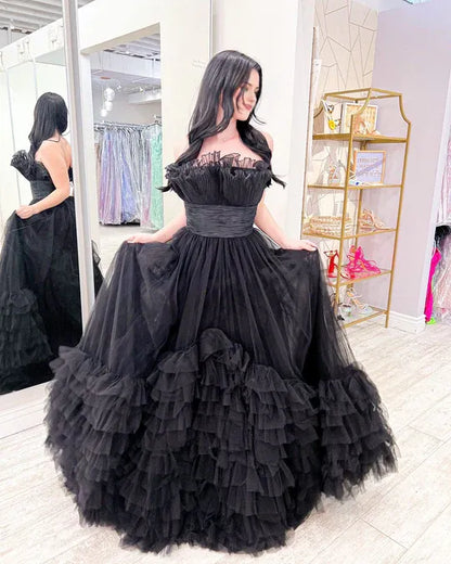 Cute Off-the-Shoulder Ball Gown Black Tulle Prom Dresses