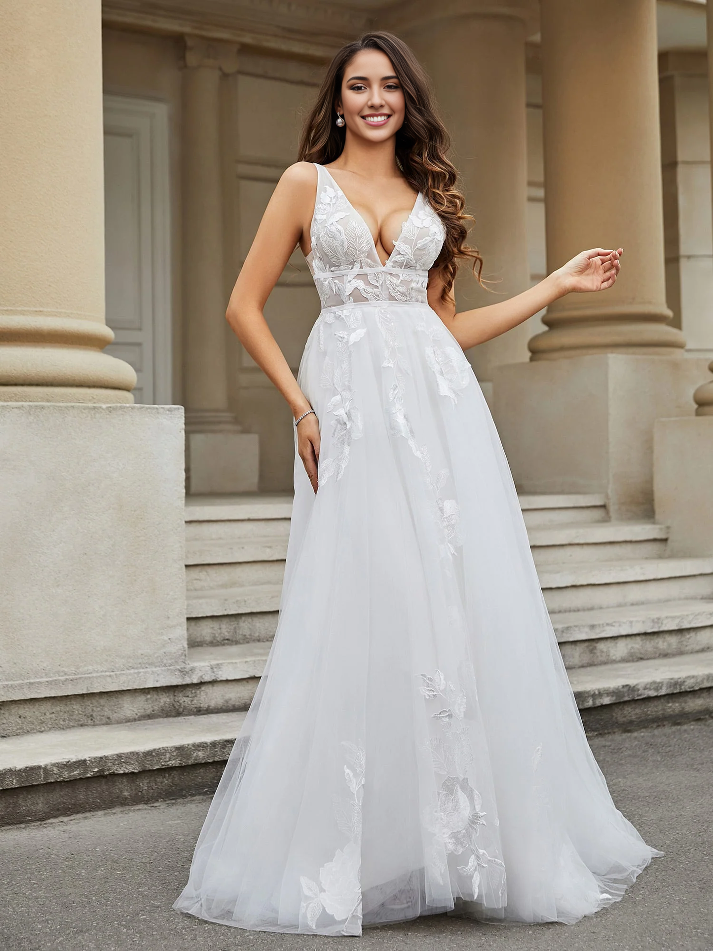 Deep V Neck Sexy Lace Appliqued Tulle Personality Unique Wedding Dress