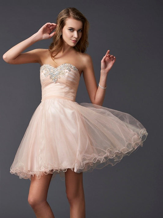 A-Line/Princess Cocktail Dresses Sweetheart Sleeveless Short Silk like Satin Homecoming Dresses