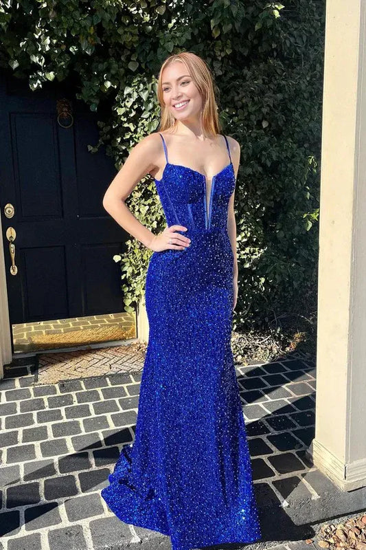 Cute Mermaid Straps Royal Blue Plunge V Spaghetti Strap Sequins Prom Dresses