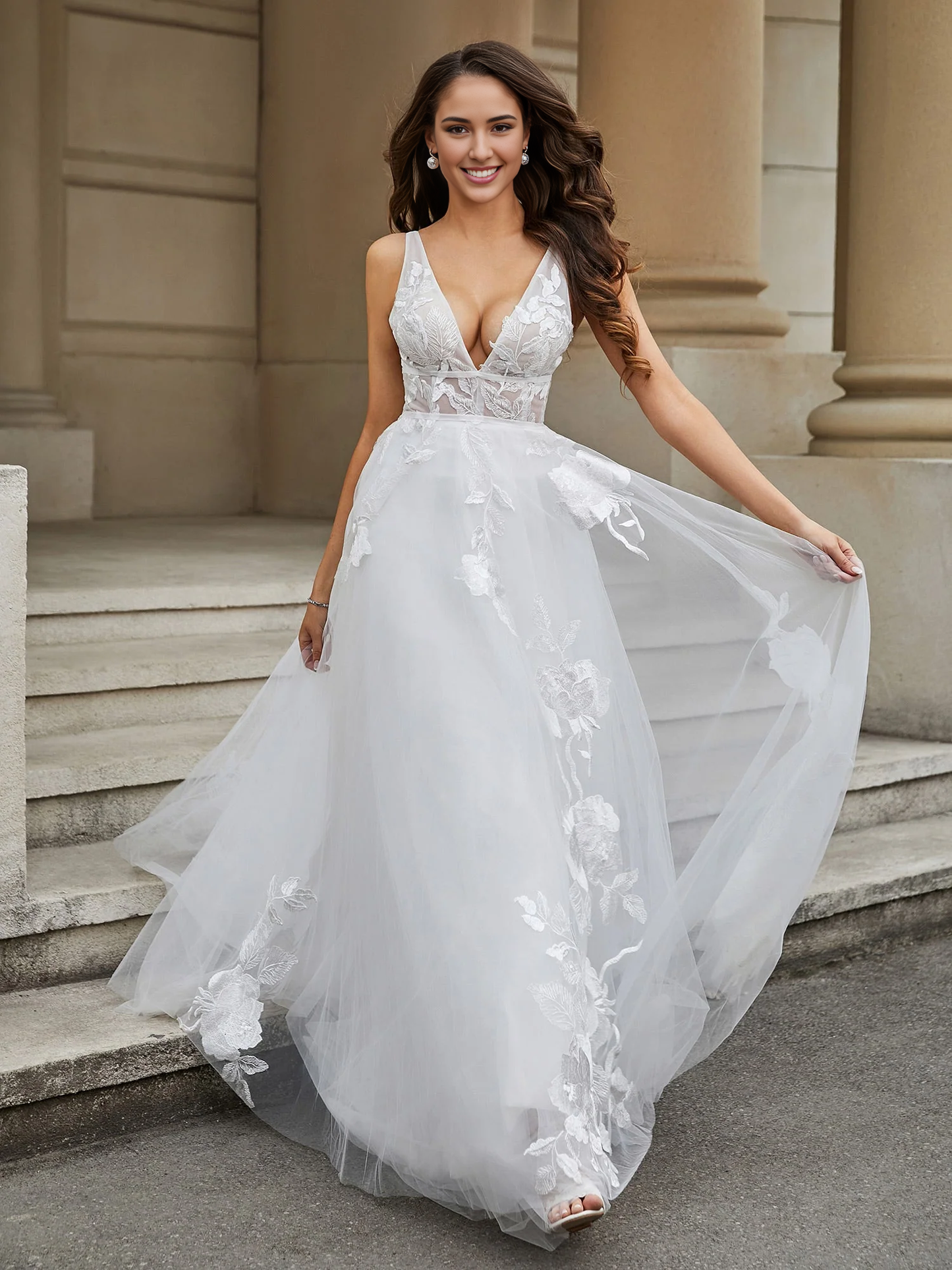 Deep V Neck Sexy Lace Appliqued Tulle Personality Unique Wedding Dress