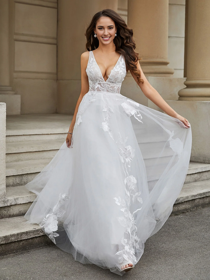 Deep V Neck Sexy Lace Appliqued Tulle Personality Unique Wedding Dress