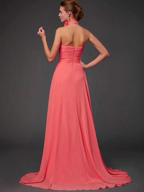 A-Line/Princess Halter Sleeveless Hand-Made Flower Long Chiffon Bridesmaid Dresses