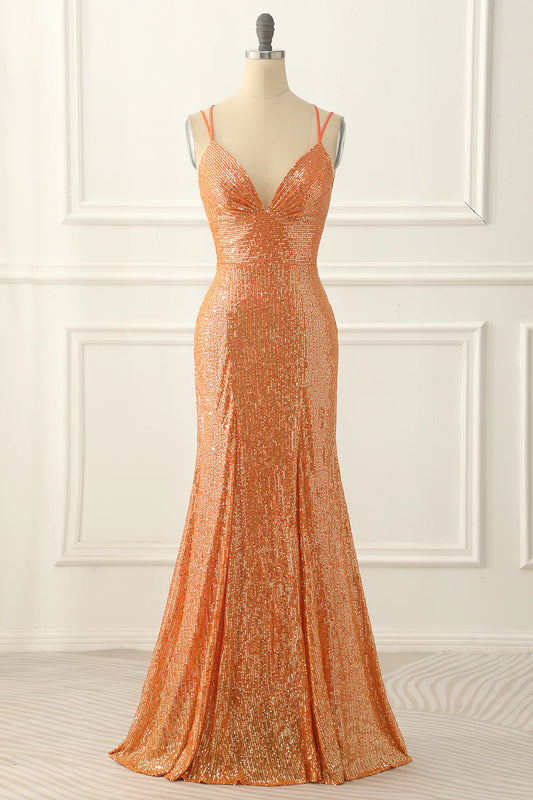 Orange V-Neck Spaghetti Strap Lace-up Back Sequins Slim-fit Prom Dress