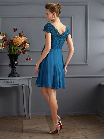 A-Line/Princess Scoop Short Sleeves Lace Short Chiffon Bridesmaid Dresses Cocktail Dresses