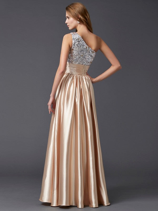 A-Line/Princess One-Shoulder Sleeveless Paillette Long Elastic Woven Satin Dresses