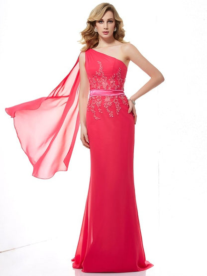 Sheath/Column One-Shoulder Applique Sleeveless Beading Long Chiffon Dresses