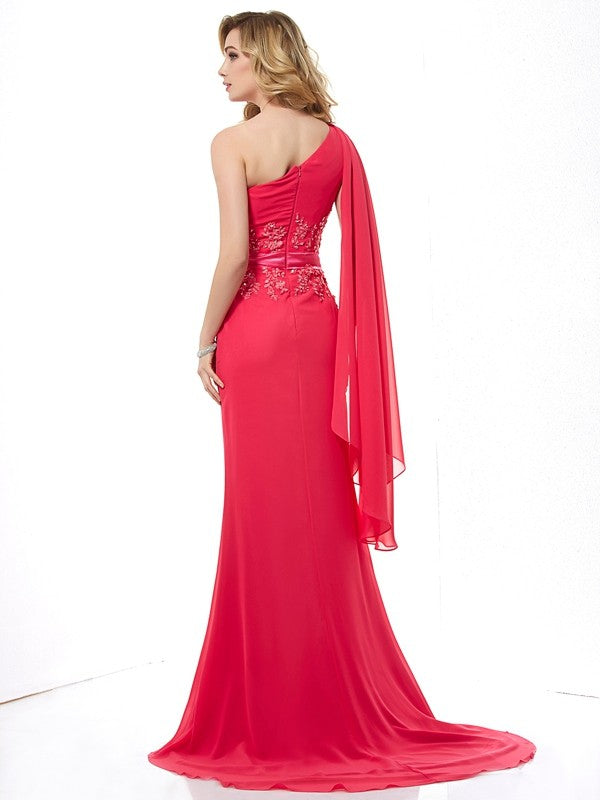 Sheath/Column One-Shoulder Applique Sleeveless Beading Long Chiffon Dresses