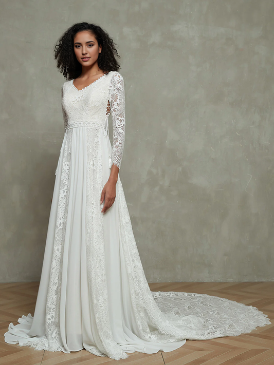 V Neck Chiffon And Lace Bohemian Style With Long Sleeves Splicing together Wedding Dresses