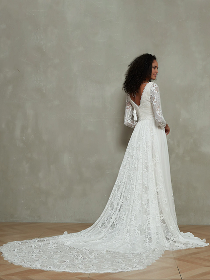 V Neck Chiffon And Lace Bohemian Style With Long Sleeves Splicing together Wedding Dresses