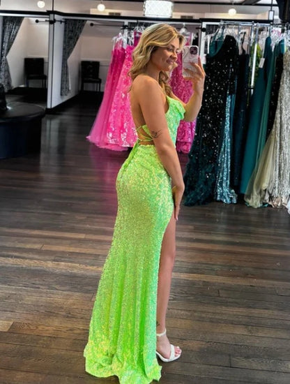 Sparkly Mermaid Cowl Neck Green Sequins Long Prom Dresses with Slit