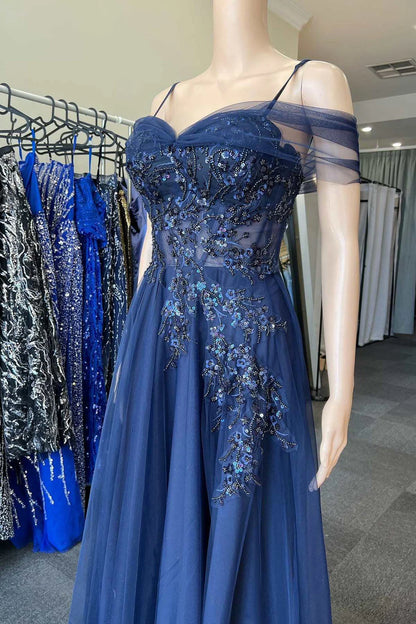 Tulle Appliques Cold-Shoulder A-Line Long Prom Dress