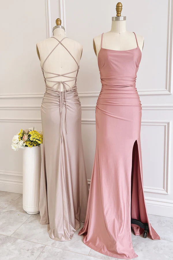 A-Line Spaghetti Straps Satin Long Prom Dresses Bridesmaid Dress With Slit