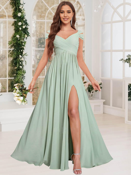 Exquisite V Neck Off The Shoulder Side Fork Chiffon Long Bridesmaid Dresses Wedding Guests Dresses