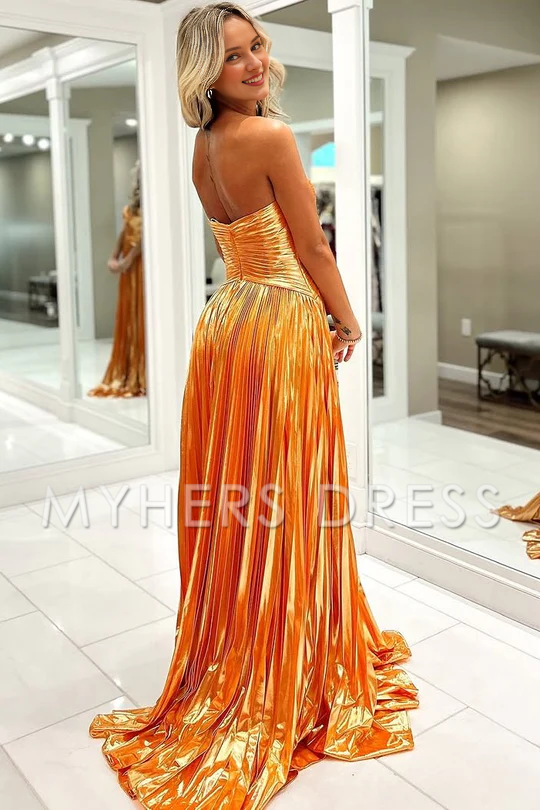 My Hers Ladies Formal Dress Cute A Line Sweetheart Strapless Pleat Satin Long With Slit Exquisite Prom Dress