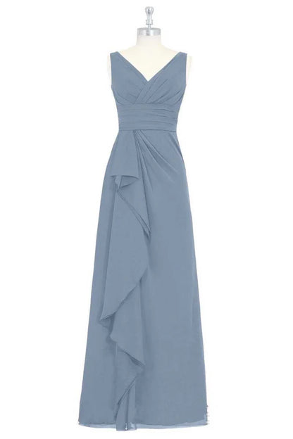 Dusty Blue V-Neck Backless Ruffled Retract your waist Long Bridesmaid Dress