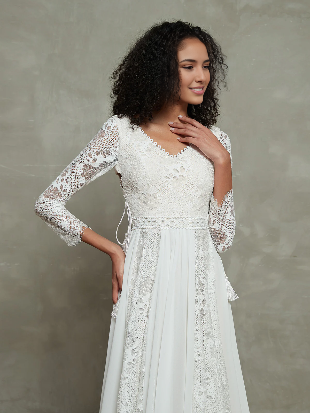 V Neck Chiffon And Lace Bohemian Style With Long Sleeves Splicing together Wedding Dresses