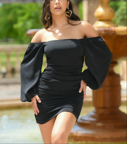 Evening Dress off the shoulder long sleeve Ruching on hips back Mini Dress Black Formal Dress Wedding Guest Dress