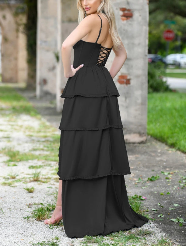 Wedding Guest Dress Satin Corset Bodice Spaghetti Strap Tiered Skirt Lace up Back Front Leg Slit Black Formal Dress Evening Dress